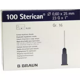 STERICAN Kanulas Luer-Lok 0,60x25 mm, izmērs 16, zils, 100 gab
