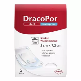 DRACOPOR ūdensizturīgs brūču pārsējs 5x7,2 cm sterils, 5 gab