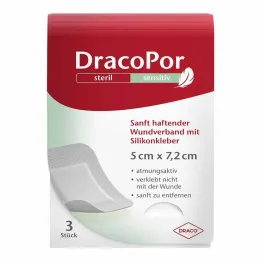 Dracopor jutīgs 5x7,2 cm sterils ar silikona līmi, 3 gab