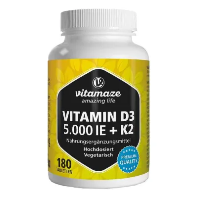 D3 vitamīns K2 5000 SV / 100 µg lielas devas tabletes, 180 gab